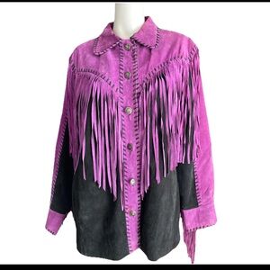 Bob Mackie Vibrant Purple and Black Leather Fringe Jacket